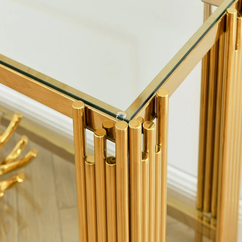 Narrow 2-tier Console Table with Gold Finished Metal Frame and Tempered Glass Top