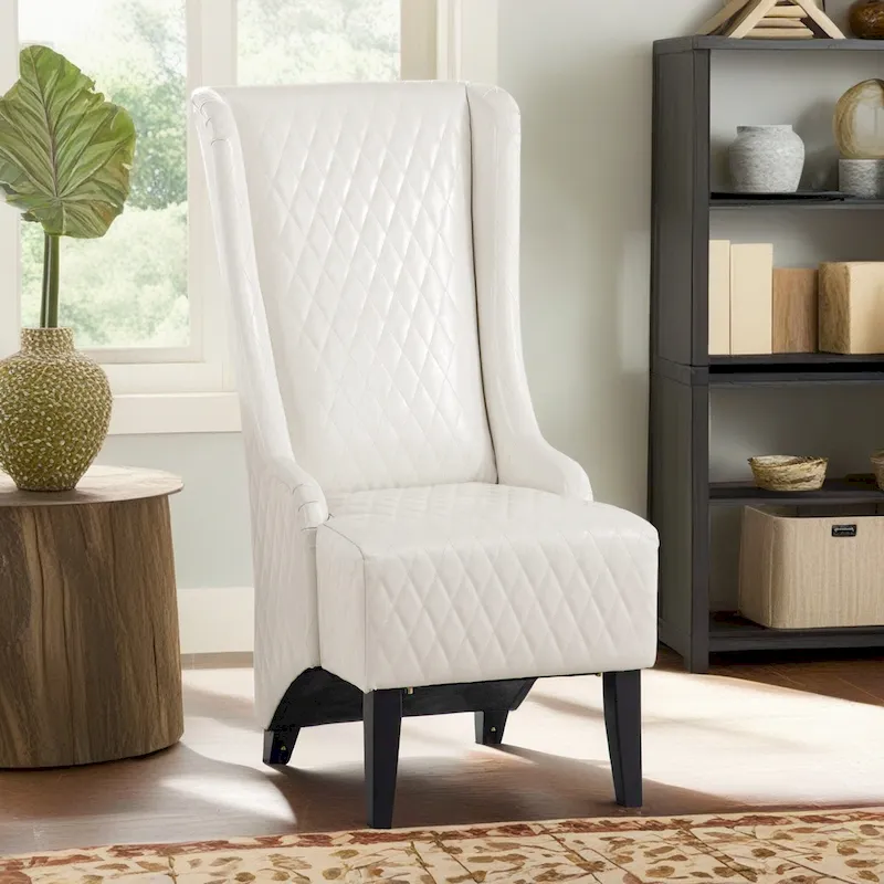 High-backed velvet wing-back chair with wooden legs