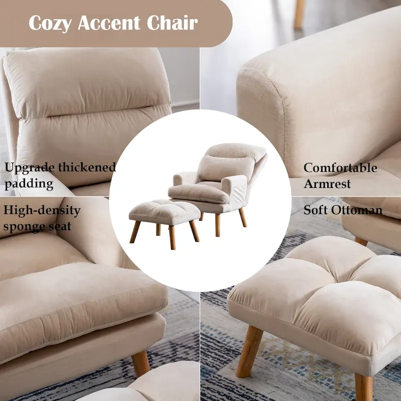 Velvet Fabric Armchair with Ottoman with Adjustable Backrest and Side Pockets