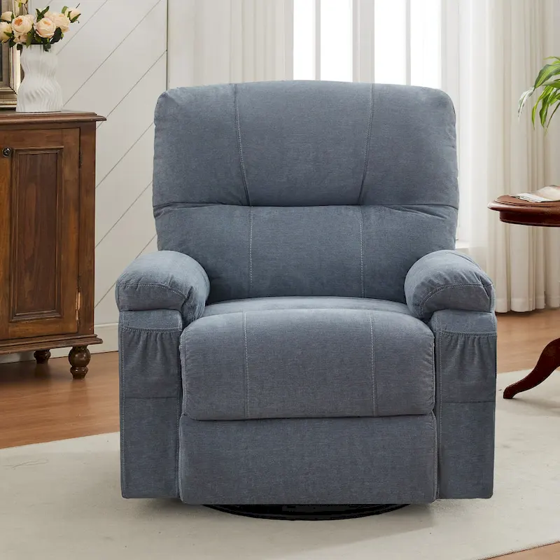 360 Swivel Manual Recliner Single Sofa Chair Fabric Lounge Chair with Pull Out Footrest and Side Pockets