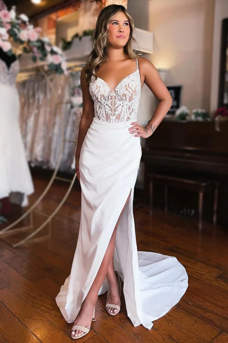 Sheath White Lace-Up Back Wedding Dress with Slit