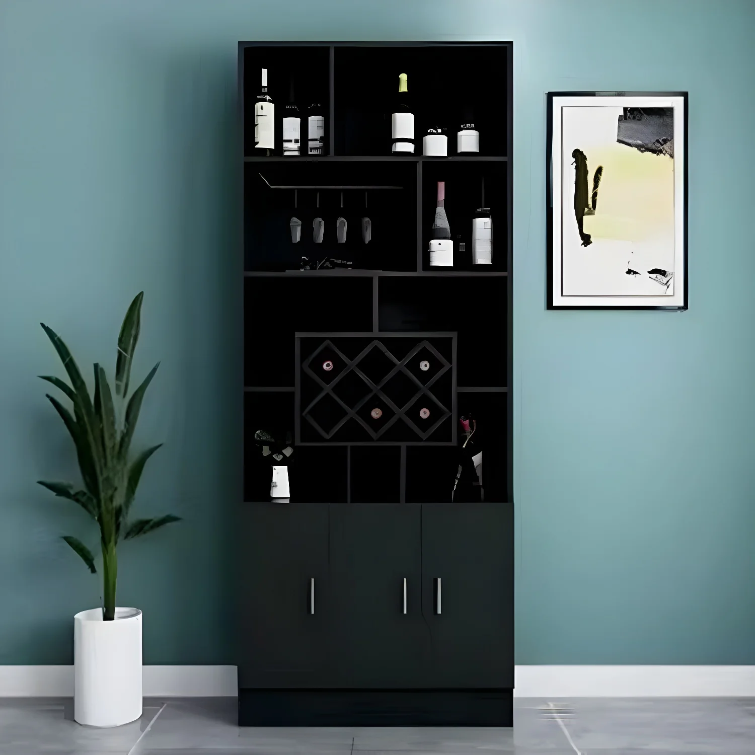 Black Modern Large Wooden Open Stackable Wine Cabinet
