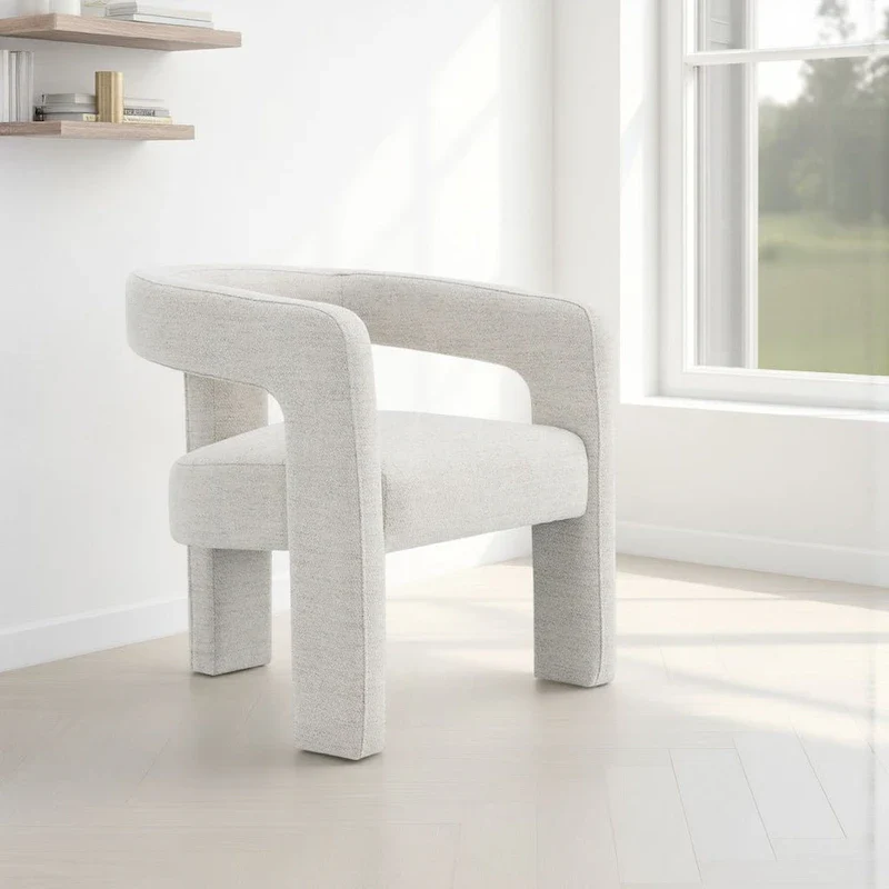 Side Dining Chair, Textured Off White Boucle, Curved Back