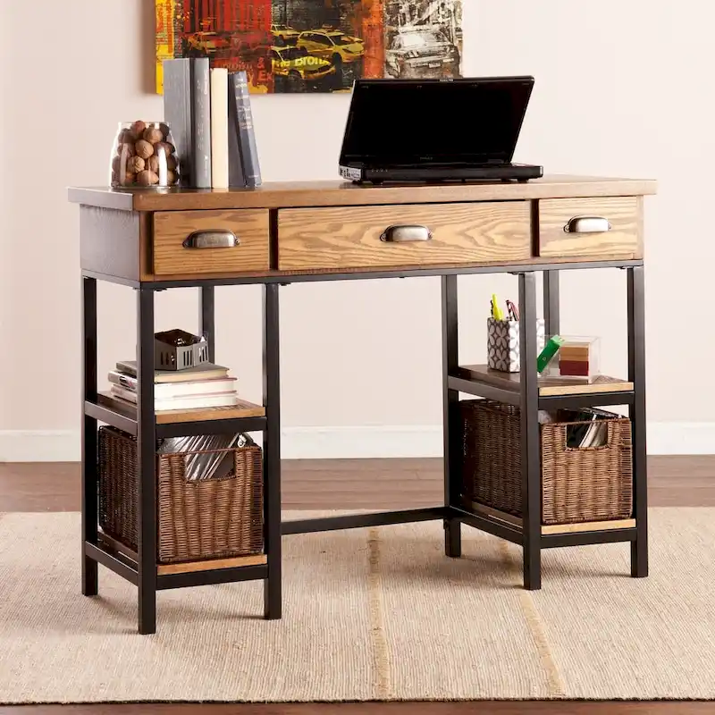 Black & Oak Farmhouse Writing Desk with Storage, 1-Person