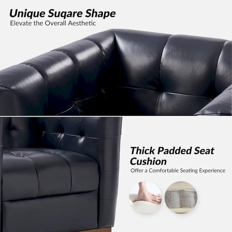 JeremiasMid-certury Modern GenuineLeatherTufted SwivelClubChair with Wooden Apron by HULALA HOME