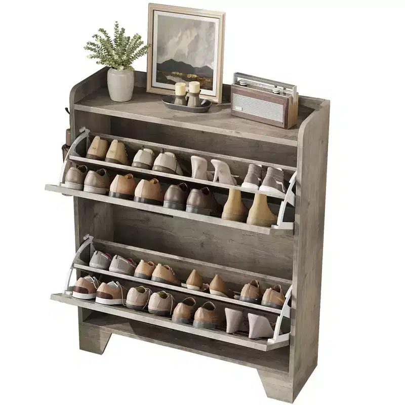 Farmhouse Shoe Cabinet with 2 Flip Down Drawers & 2 Hooks, Narrow Wood Hallway Cabinet for Small Spaces, Apartments,