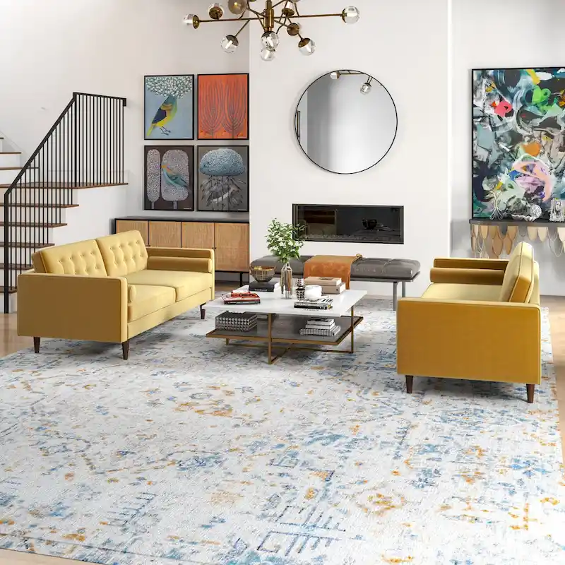 Kenzo Mid Century Pillow Back Velvet Sofa and Loveseat Set