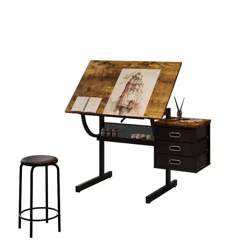 JVNOXKAdjustable-height drafting table suitable for crafts, reading, and writing, complete with stool and 3 storage drawers. Black.
