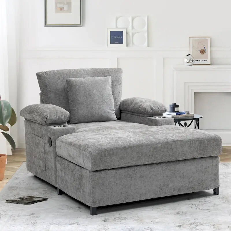 Oversized Chenille Convertible Chair Bed with Ottoman, Storage & USB Charging
