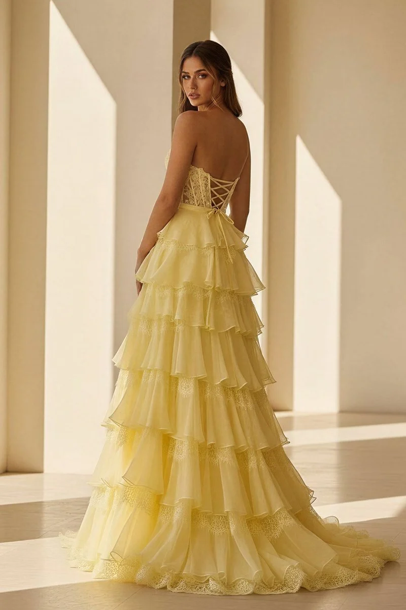 Yellow - Strapless A Line Chiffon Tiered Prom Dresses With Bow