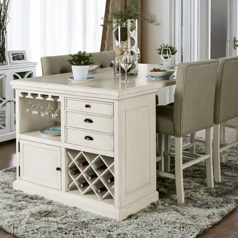 Tia Transitional Antique White Wood Multi-Storage 3-Piece Kitchen Island Set by