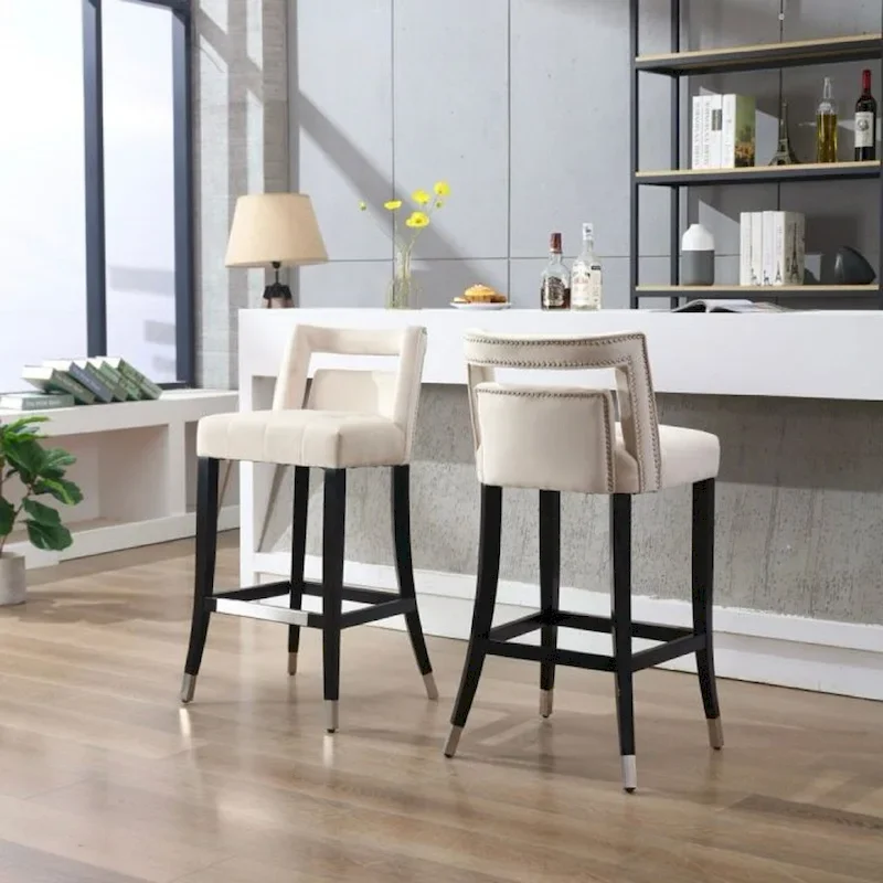 Cream / Grey / Navy Blue Velvet Nailhead Barstool – American Style, Seats 1