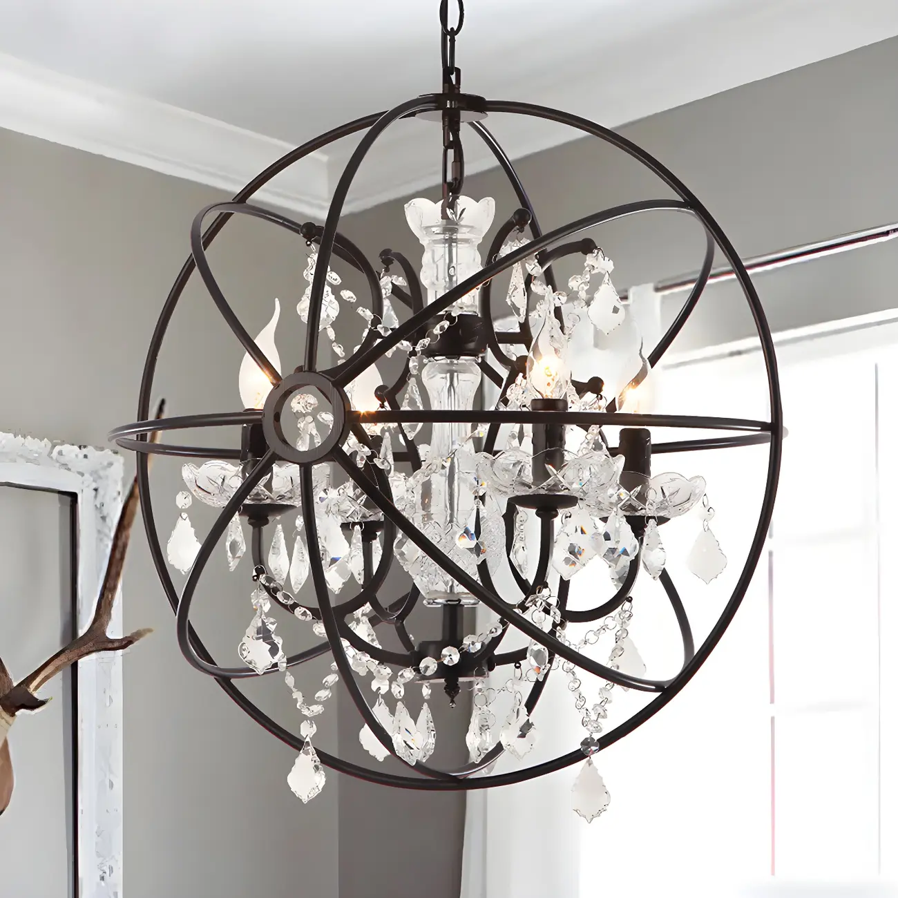 4-Light Industrial Black Iron Chandelier with Crystal