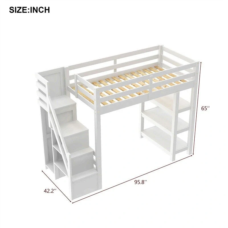 White Full-Size Loft Bed with Wardrobe, Storage Staircase & LED Light, 1-Person