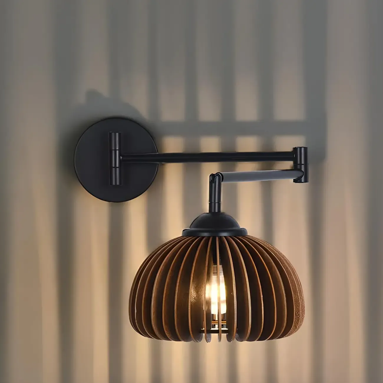 Vintage Walnut Swing Arm Wall Light with Wooden Shade