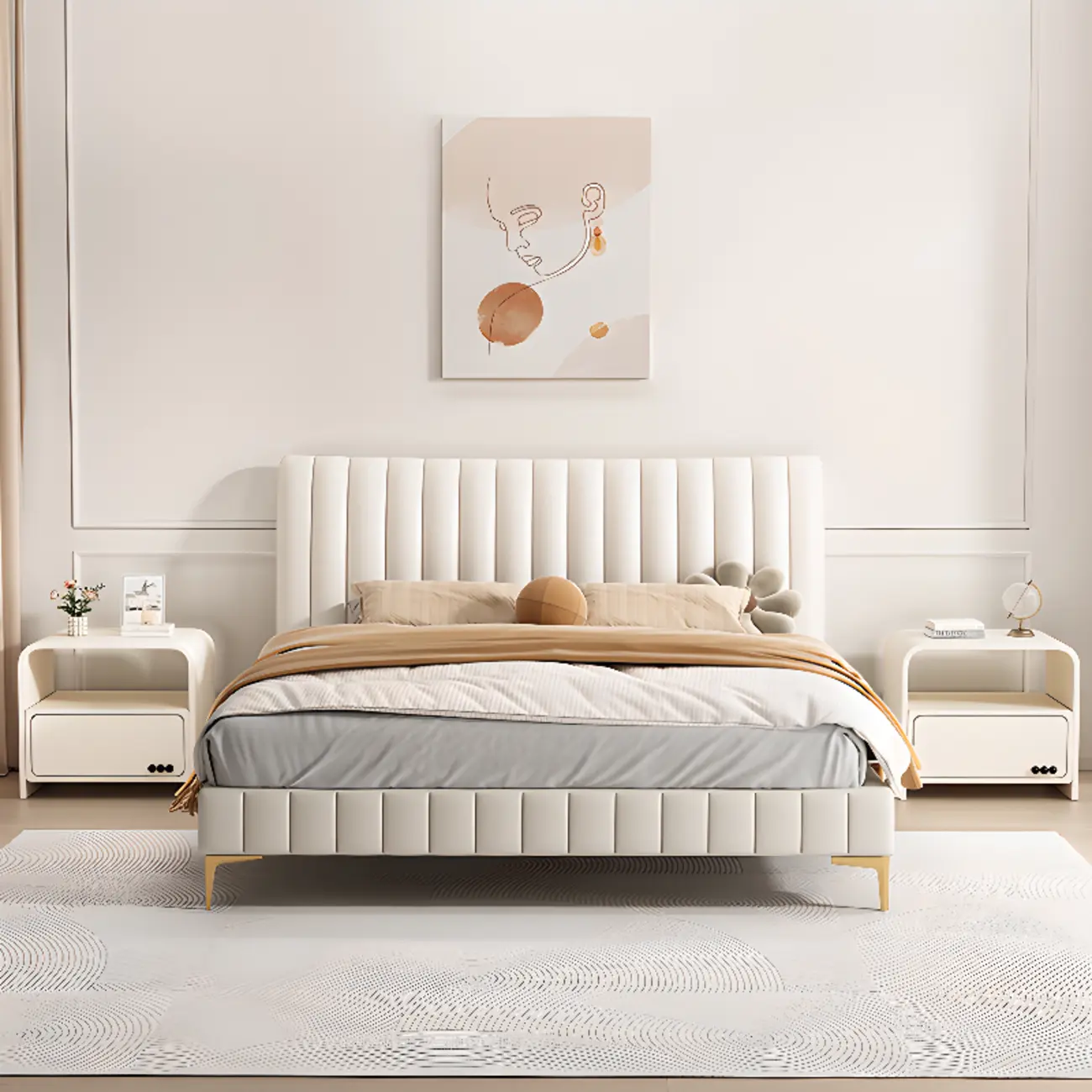 Elegant Modern White Faux Leather Wood Drawer Nightstand