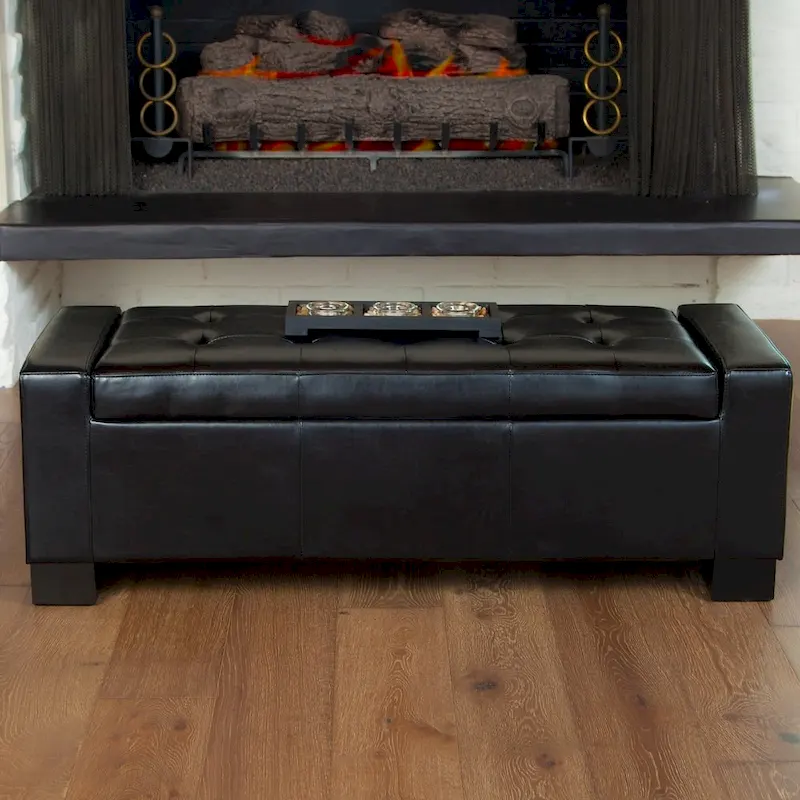 Storage Ottoman Bench - Black Leather - Espresso Legs