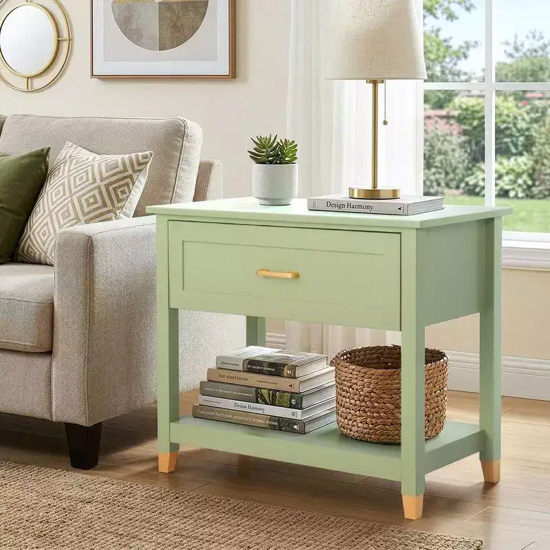 Karl Home Light Green P2 MDF Nightstand 1 Drawer 1 Shelf 29.5 Inch