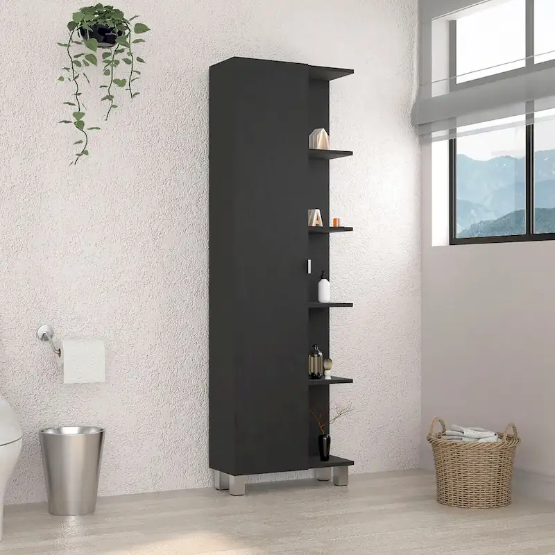Urano Mirror Linen Cabinet, Four Interior Shelves, Five External Shelves -Black