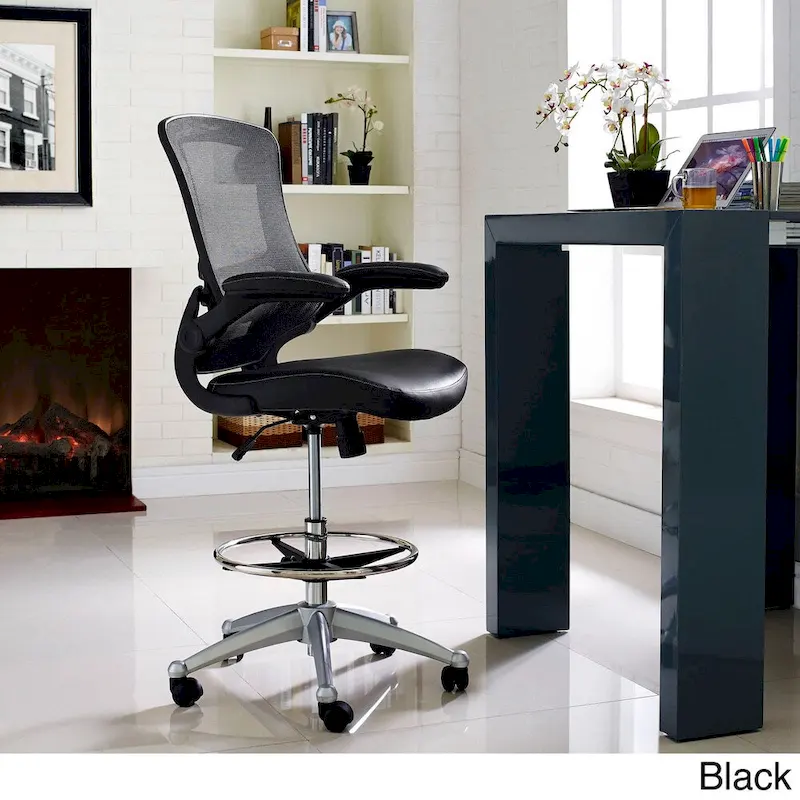 Black / Brown Mesh Drafting Stool with Flip-Up Arms, Single