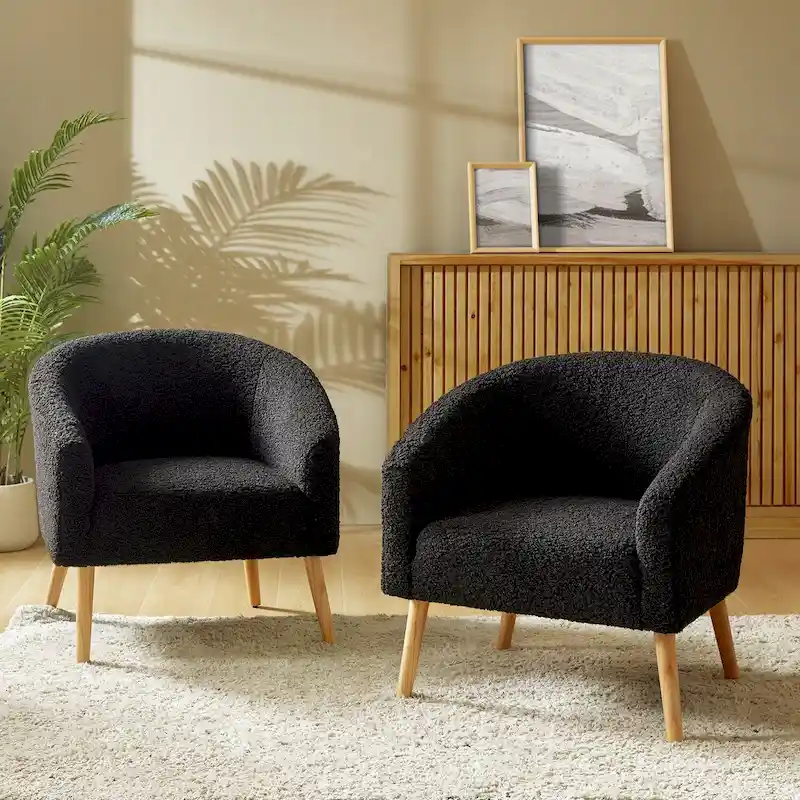 Modern Boucle Armchair with Solid Wood Legs, Set of 2
