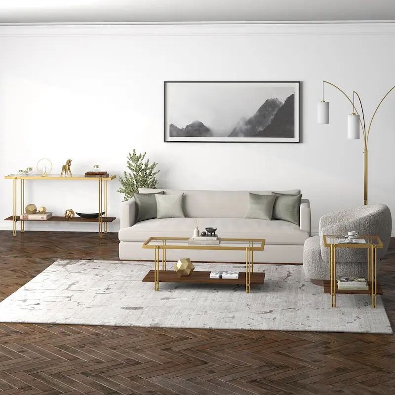 Brass / Blackened Bronze / Brass Walnut Geometric Steel & Glass Side Table – Single