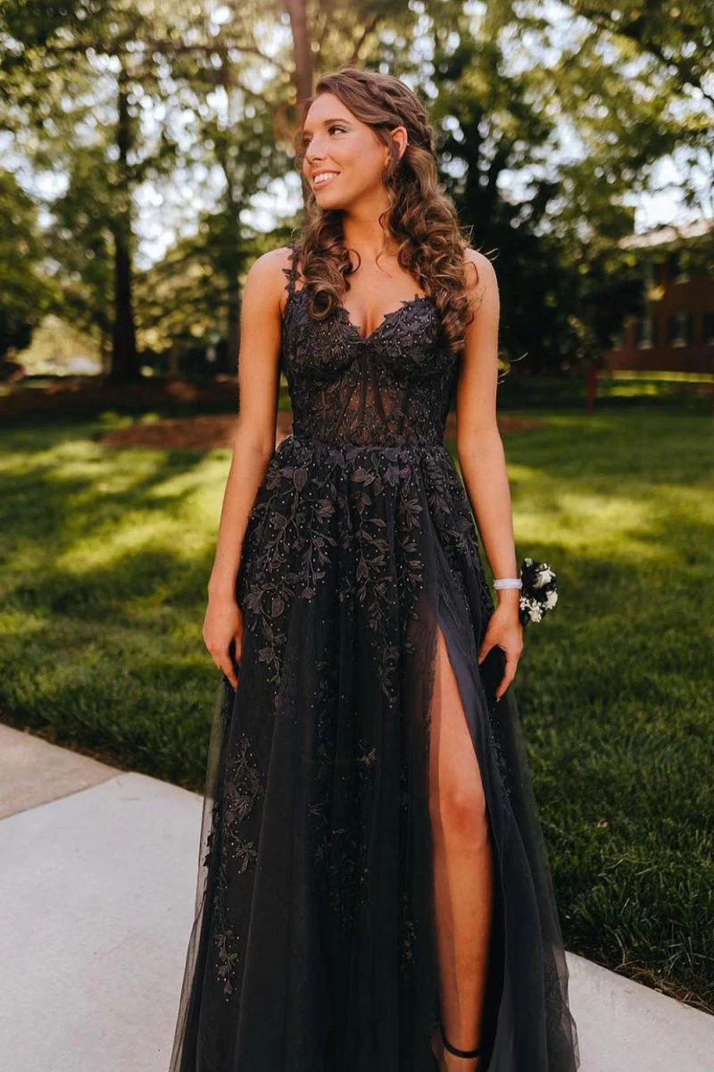 A-line Sweetheart Lace Tulle Prom Dress with Slit
