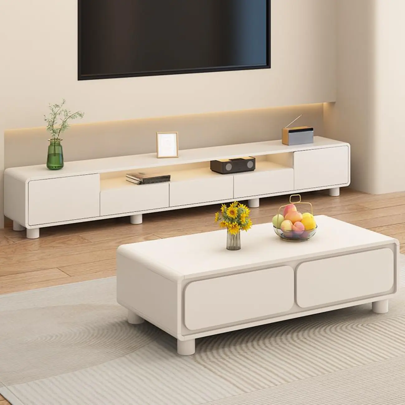 White Wooden Modern TV Stand with Drawers & Cabinets