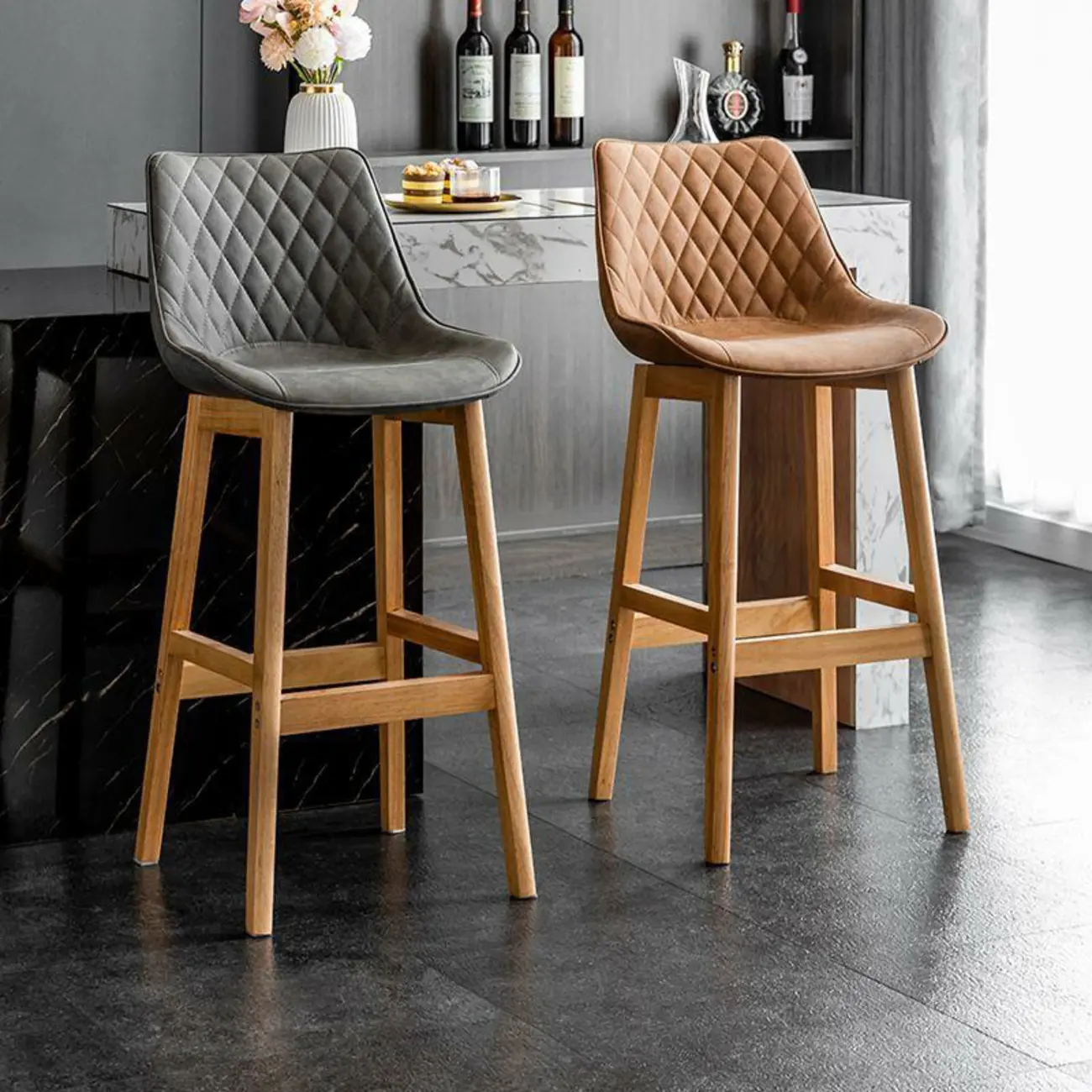 Modern Wood Tufted Upholstered Leather Bar Stool