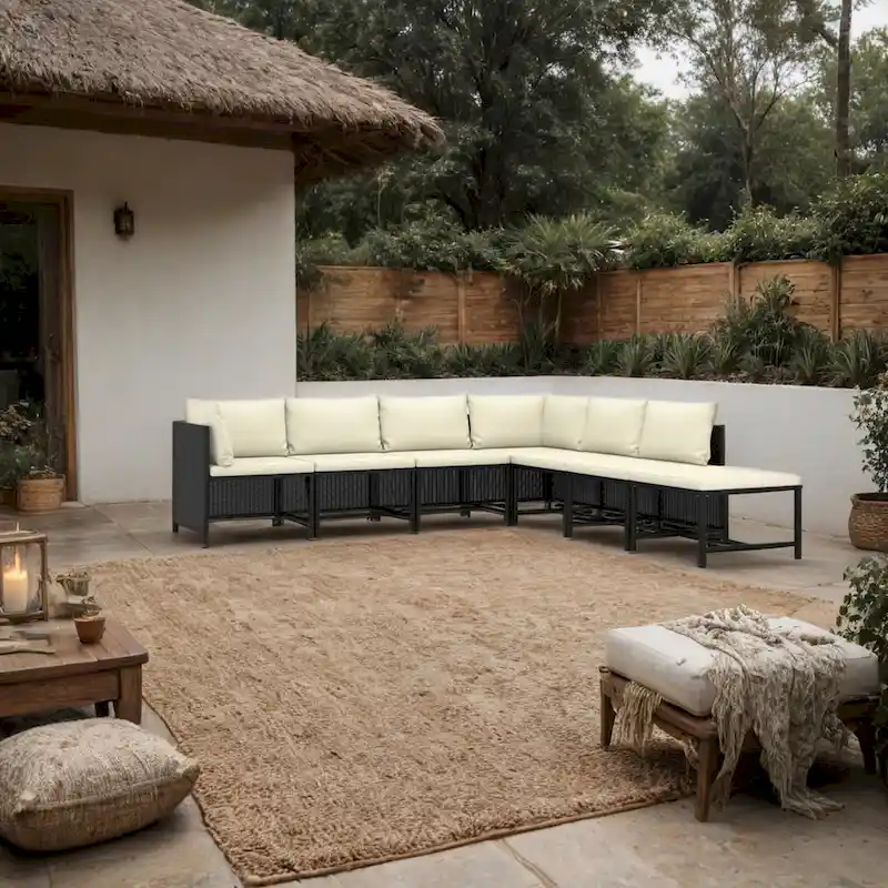 Avio 7pc Outdoor Modular Sofa Set, Square Shape, Poly Rattan, Black