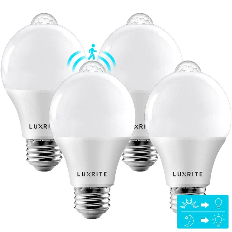 Luxrite A19 LED Dusk to Dawn Motion Sensor Light Bulb 60W Equivalent 800 Lumens UL Listed E26 Base 4 Pack