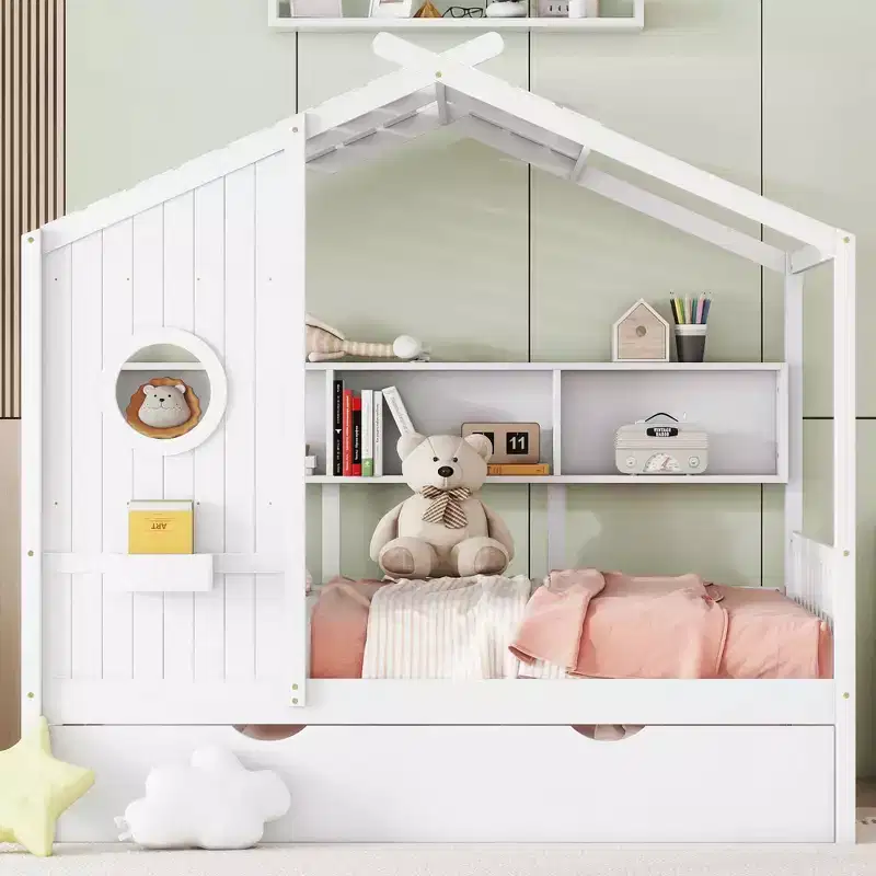 MAYEERTY Full Size House Bed with Trundle Modern Design for Kids with Storage Shelf for Bedroom White