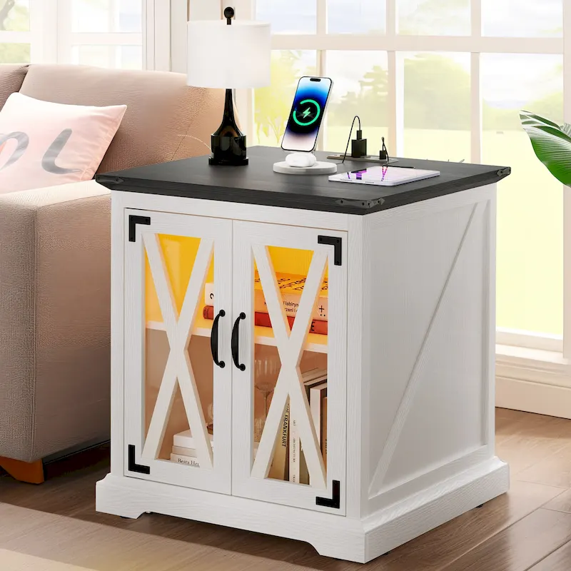 White / Oak Farmhouse End Table with Charging Station & LED Light, Single