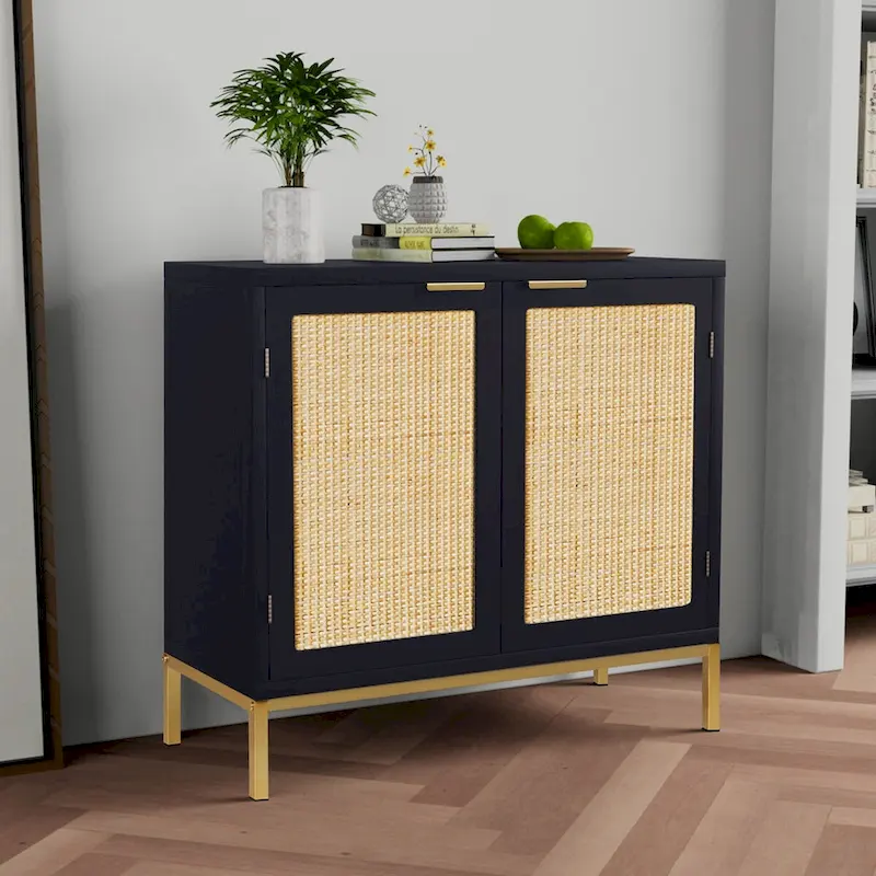 Anmytek Mid-Century Modern Black Wood Rattan Buffet Sideboard Accent Cabinet with 2 Doors