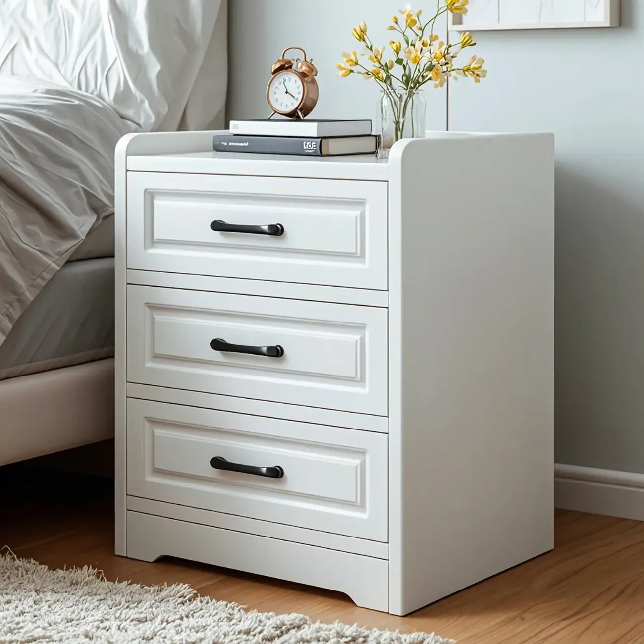 Classic Narrow Wooden White Nightstand with 3 Drawers