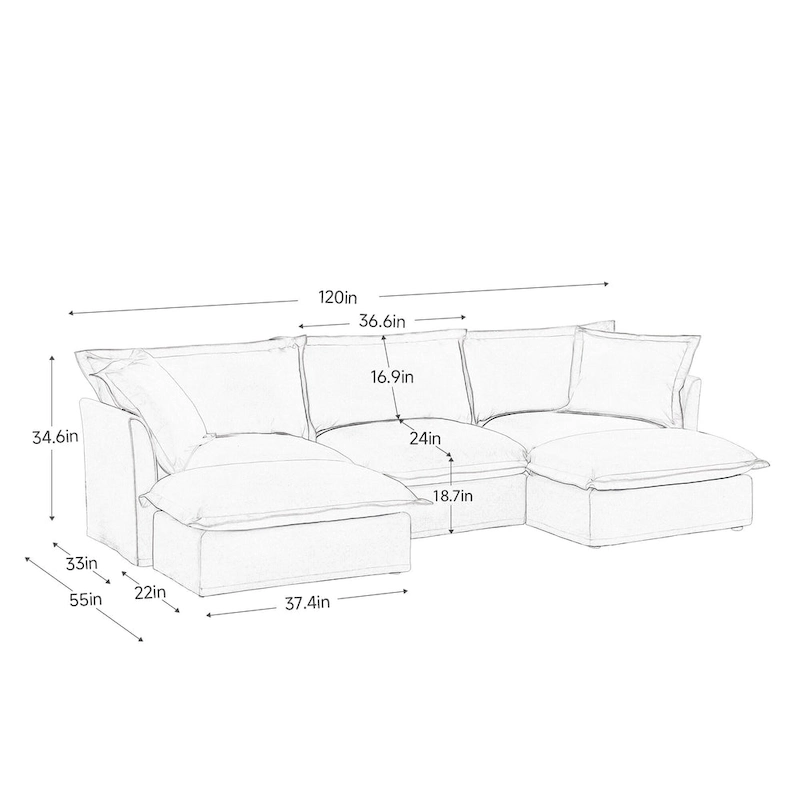 120 U-Shaped Chenille Sectional Sofa with 3-Seater and French Edge Pillows & Cloud Cushions