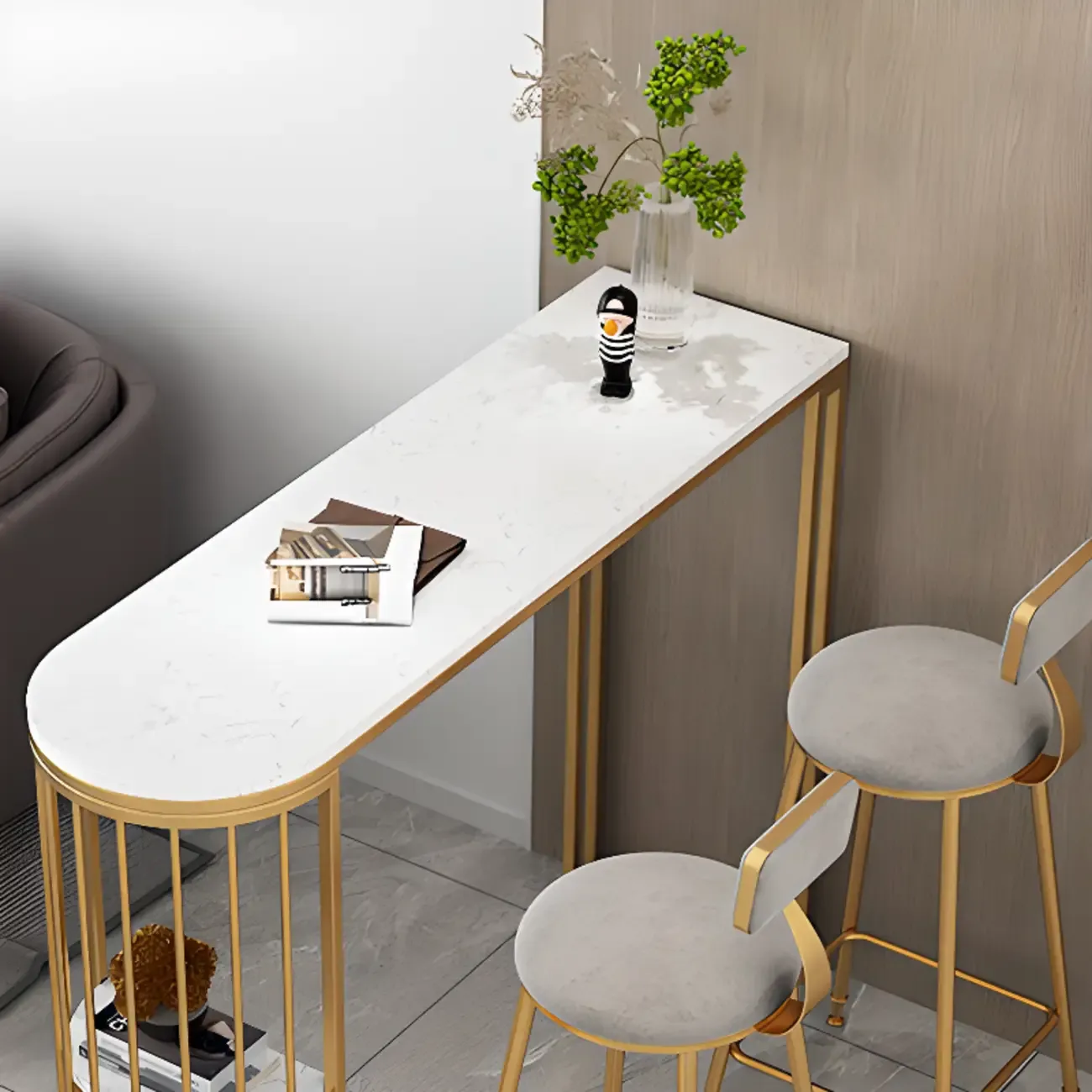 Modern Bistro Golden Bar Table Marble Top with 2 Shelves