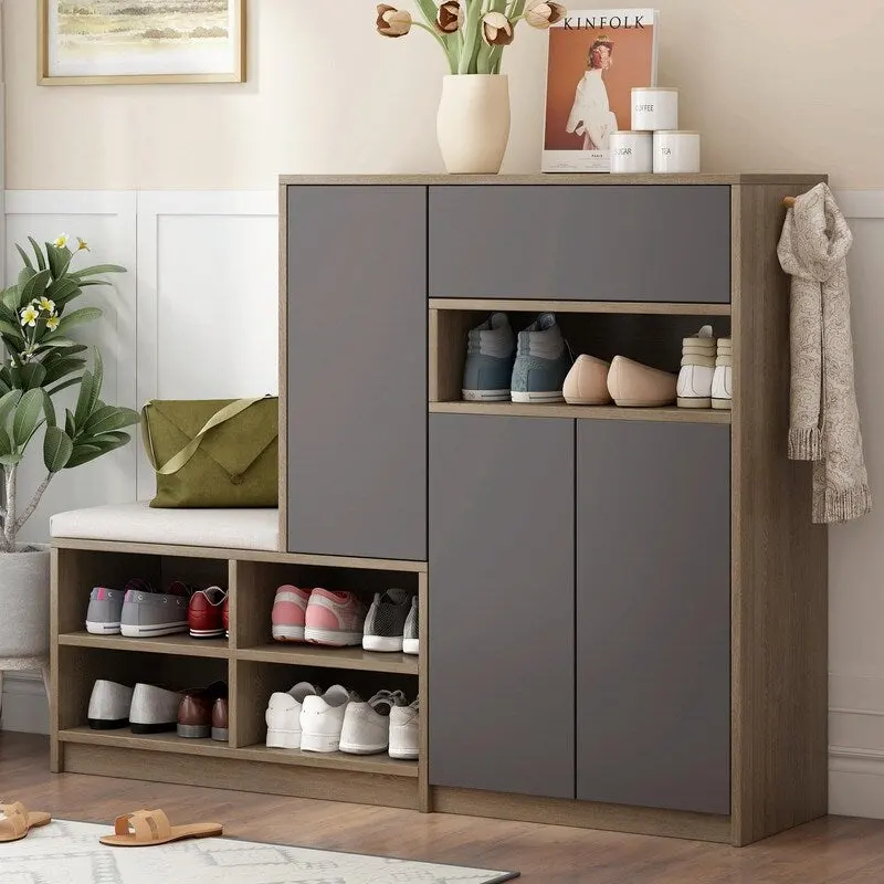 White/Dark Grey Shoe Storage Bench with Padded Seat, 15–20 Pairs