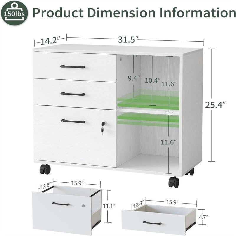 3-Drawer Mobile File Cabinet - 14.2 D x 31.5 W x 25.4 H