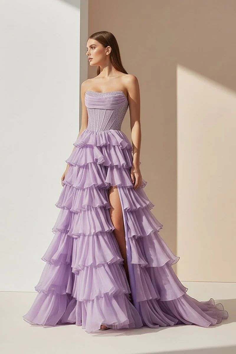 Lavender - A Line Strapless Chiffon Beaded Corset Long Prom Dress With Slit