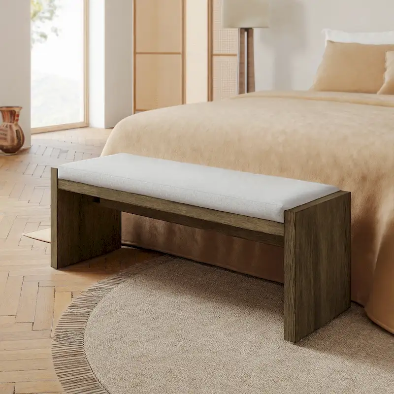 Brown Transitional Upholstered Bench with Reversible Cushion & Rubberwood Legs