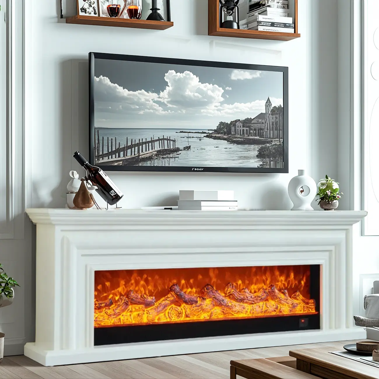 71 Rectangle Wood Brown Electric Fireplace TV Stand with Light