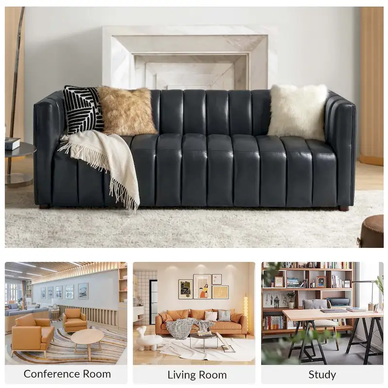 83-inch genuine leather curved sofa with a grooved backrest.