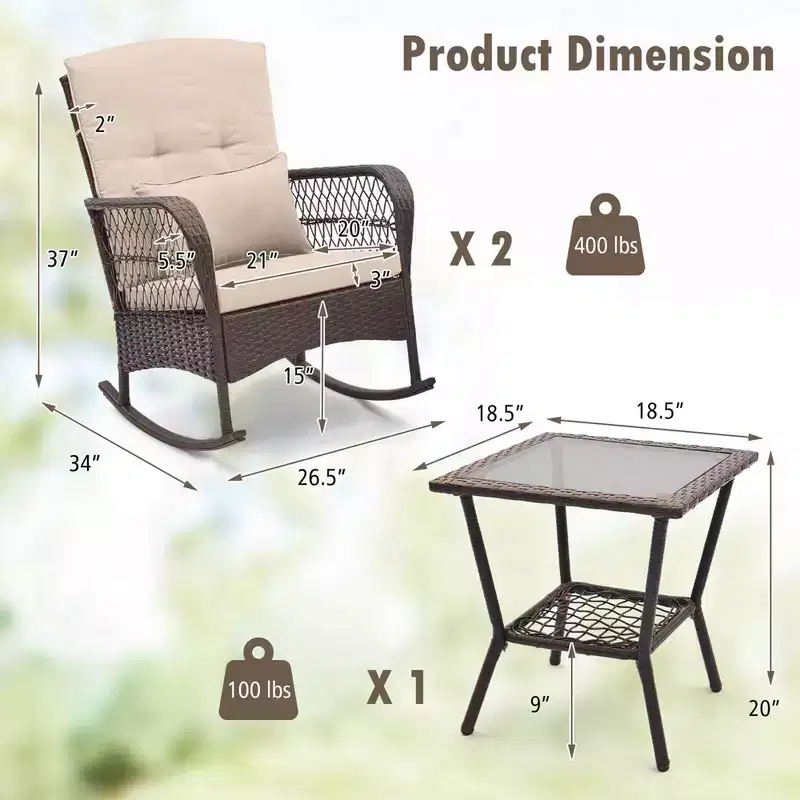 Costway Patio 3PCS Rocking Wicker Bistro Set 2 Rocker Chairs Tempered Glass Side Table