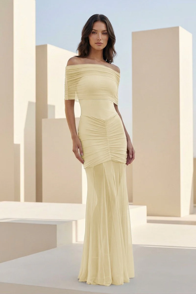 Ivory Mermaid Off The Shoulder Ruched Tulle Long Prom Dresses