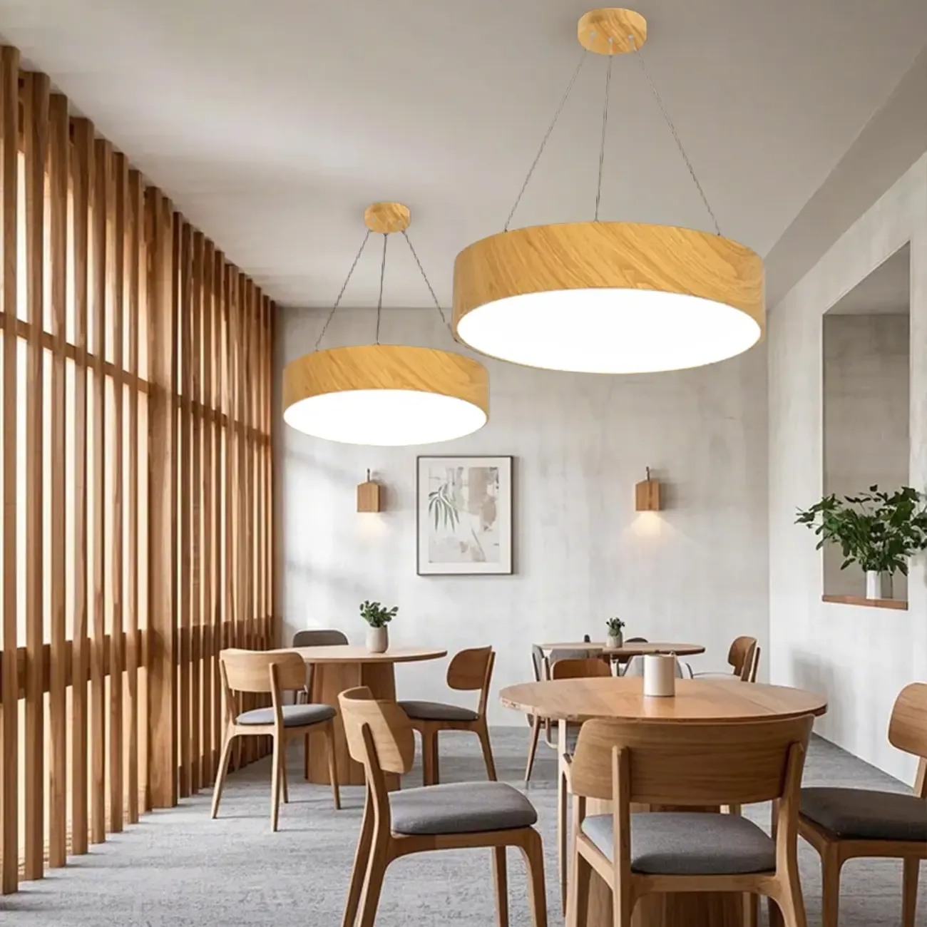 Modern Circular Wood LED Chandelier with Adjustable Height