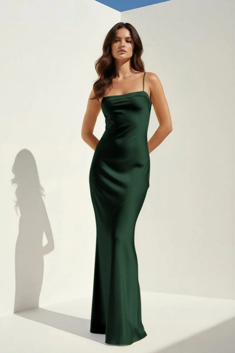 Yellow Spaghetti Straps Sheath Satin Open Back Long Prom Dresses