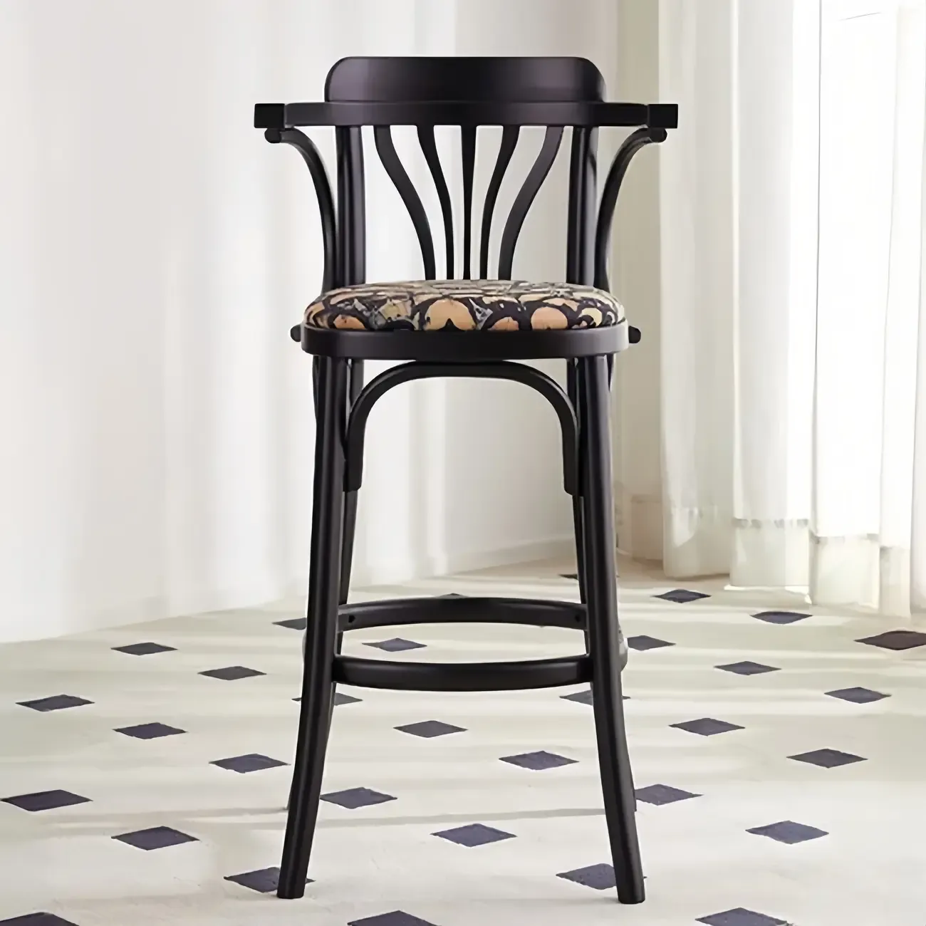 Mid-Century Wooden Round Upholstered Bar Stools with Back