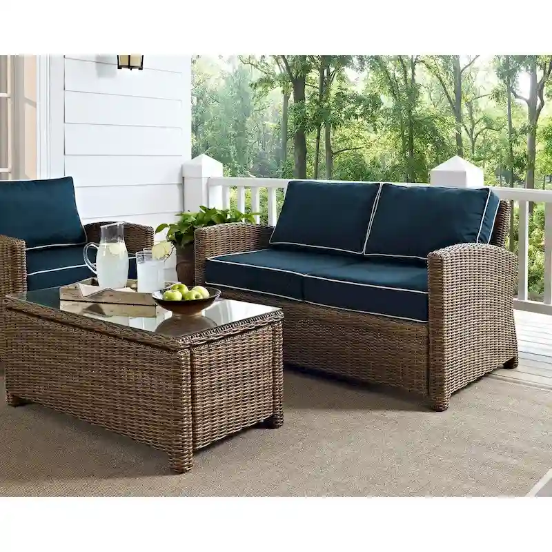 Crosley Bradenton Outdoor Wicker Loveseat with Navy Cushions
