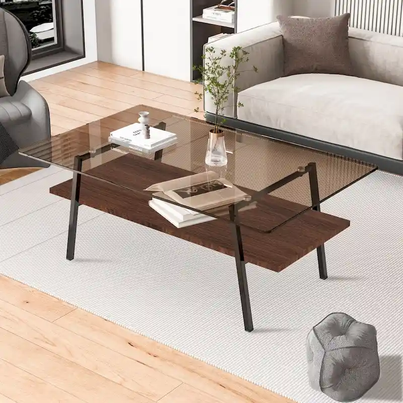 White/Black Rectangle Coffee Table, Modern Style, Tempered Glass Top, 2-Tier
